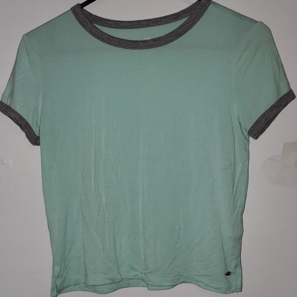 (2/$15) Size S Women's American Eagle Baby Tee Shirt Green and Grey